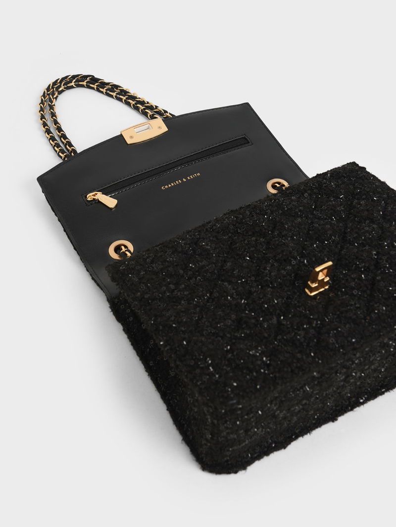 The black sequined/tweed chain-strap bag (which is a Charles & Keith bag).