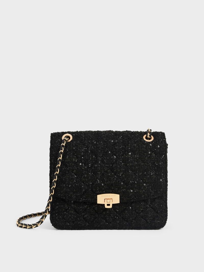 The black sequined/tweed chain-strap bag (which is a Charles & Keith bag).