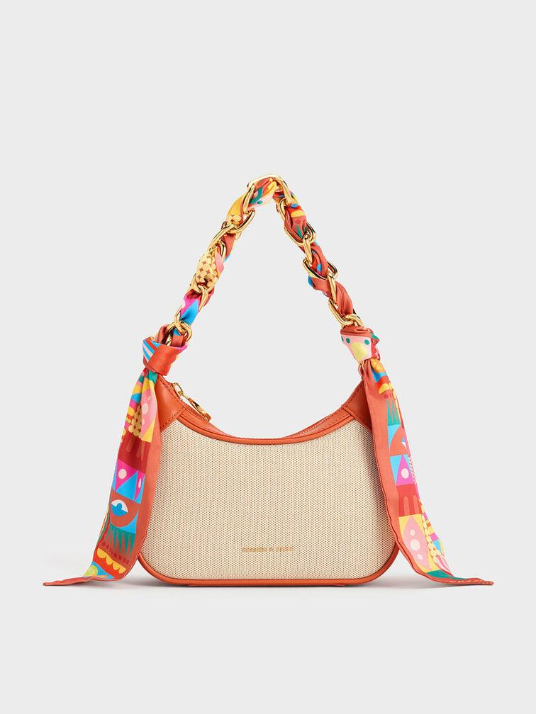 Charles & Keith Alcott Scarf Handle Canvas Bag - Orange ~Silk Scarf