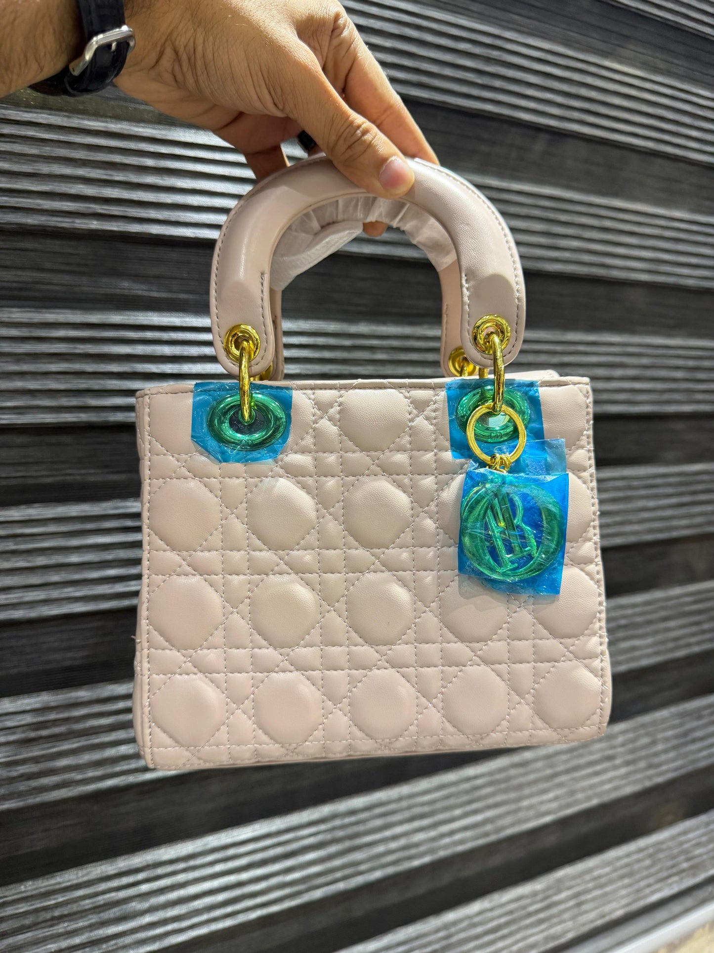 Cream Quilted Faux Leather Designer Style Handbag