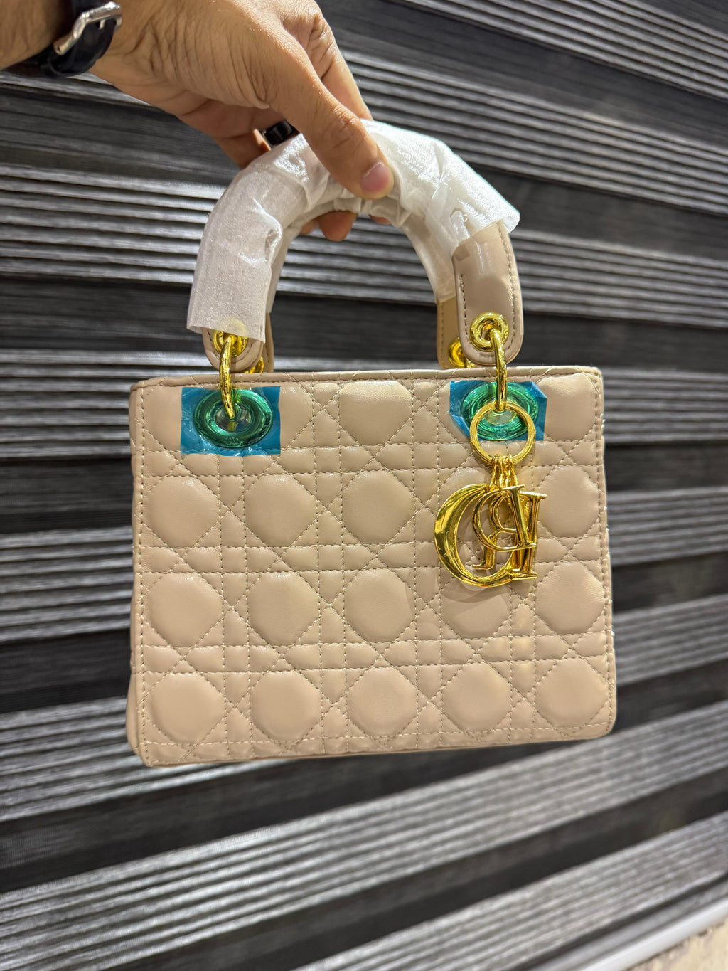 Cream Quilted Faux Leather Designer Style Handbag