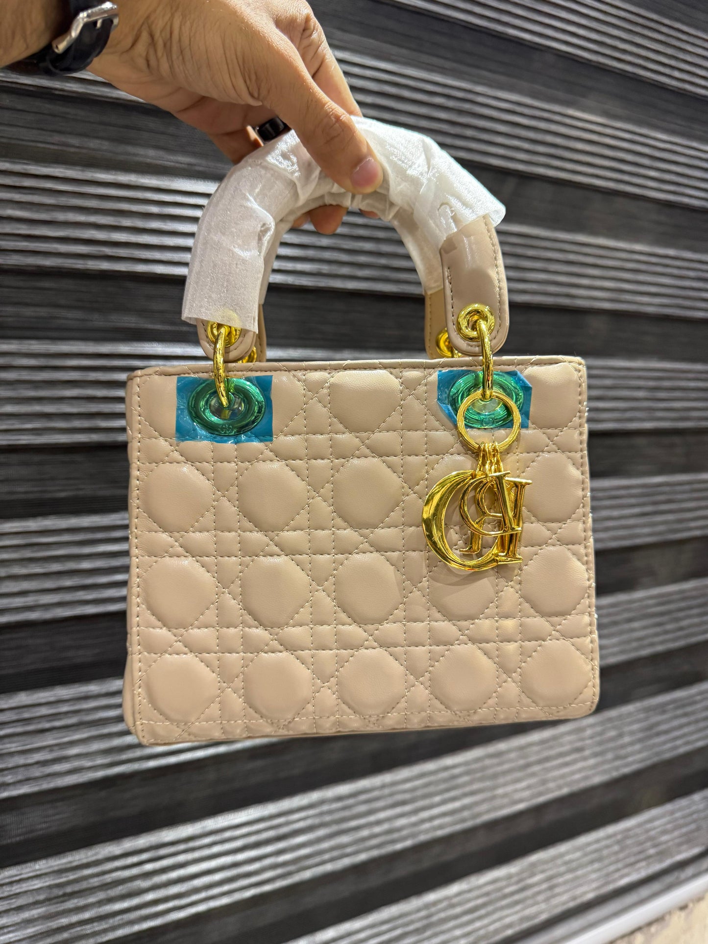 Cream Quilted Faux Leather Designer Style Handbag