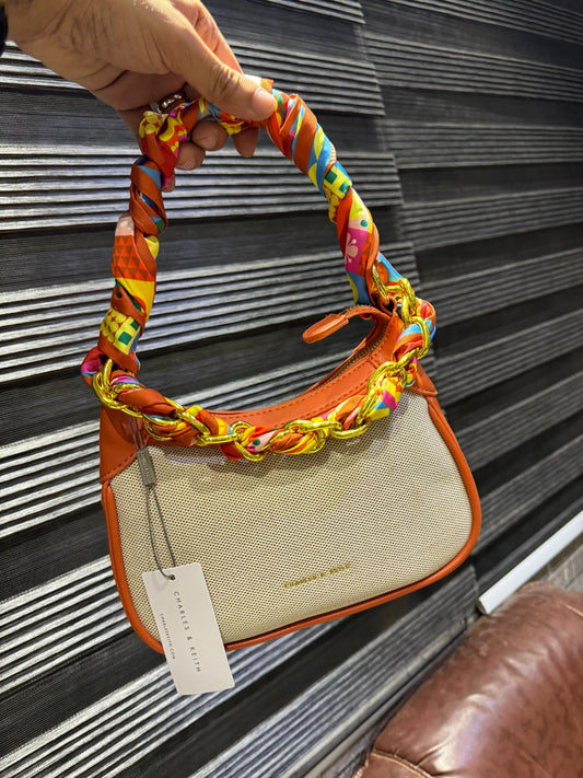 Charles & Keith Alcott Scarf Handle Canvas Bag - Orange ~Silk Scarf